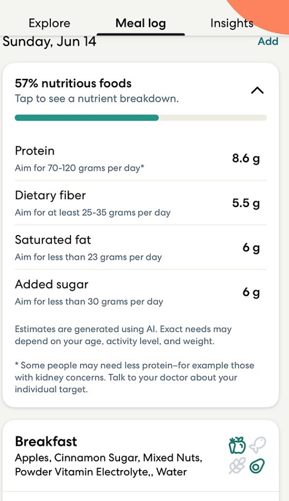 screenshot of the Omada app showing the list of protein, fiber, fat and sugar stats
