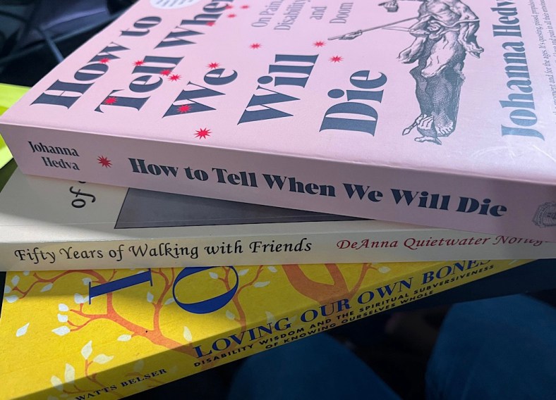 A pile of three disabilty-themed books. The top one, How to Tell When We Will Die: On Pain, Disability and Doom by Johanna Hedva, is pink with red stars. The next on the pile is a beige memoir, FIfty Years of Walking with Friends, by DeAnna Quietwater Noriega. The one on the bottom is vivid yellow, Loving Our Own Bones, by Julia Watts Belser.